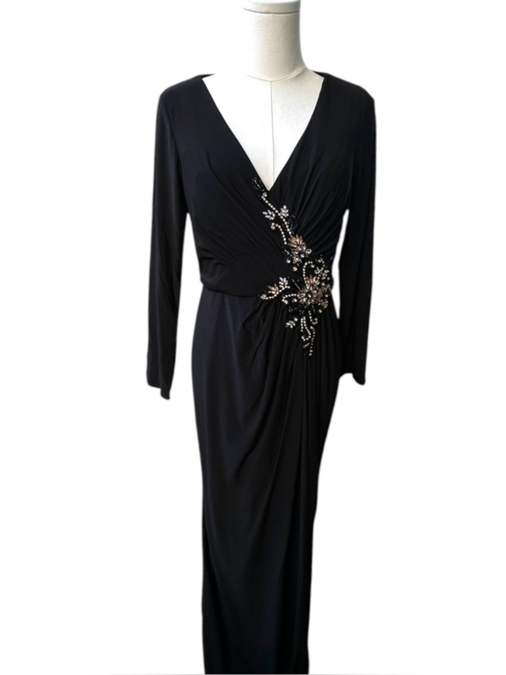 Mac Duggal Black Embellished Twist Waist Maxi Dress Long Sleeve Evening NWT Sz 6